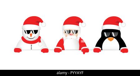 Snowman santa et cool penguin cartoon avec des lunettes vector illustration EPS10 Illustration de Vecteur