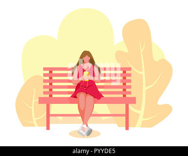 Fille assise sur le banc. Femme à l'écoute de la musique. Illustration Banque D'Images