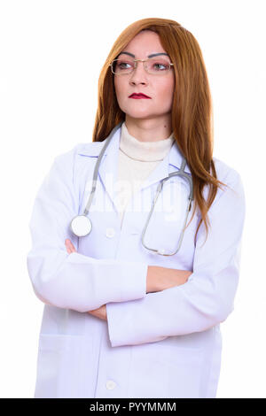 Studio shot of woman doctor thinking with arms crossed Banque D'Images