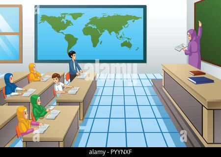 Un vecteur illustration de Muslim Students and teacher in Classroom Illustration de Vecteur