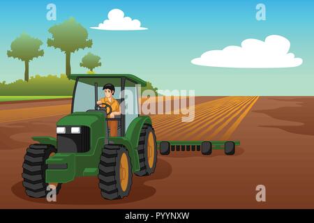 Un vecteur illustration de jeune agriculteur équitation un tracteur Illustration de Vecteur