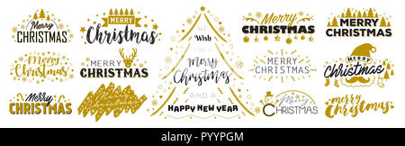 Ensemble de Joyeux Noël et bonne année typographie et le logo. Joyeux Noël, Père Noël, bonhomme de neige, Flocon, décoration d'arbre de Noël set Banque D'Images