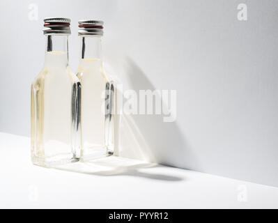 Deux bouteilles d'alcool vintage près du mur oblique avec ombres sur un fond blanc. Banque D'Images