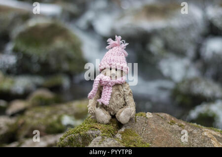 Ours en écharpe en tricot et le bouchon se trouve dans la rivière - randonnées pousse de photo d'un jouet ancien de la nature Banque D'Images