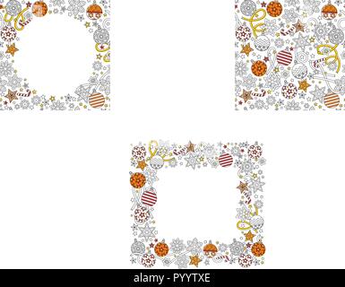 Nouvelle année cadre carré dessiné à la main dans un style inspiré zentangle isolé sur fond blanc. Doodle flocons, boules de sapin, ruban bordure décorative. Illustration de Vecteur