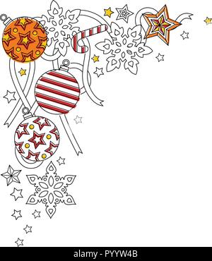 Nouvelle année bord avec Doodle flocons, boules de sapin, ruban bordure décorative. Illustration de Vecteur