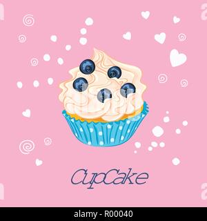 Cartoon style cupcake avec de la crème fouettée et de bleuet dans le support de papier bleu vector icône sur le fond rose Illustration de Vecteur