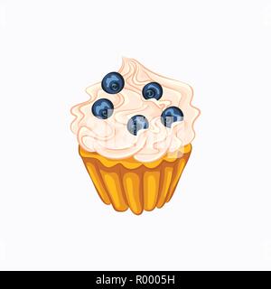 Cartoon style cupcake à la vanille avec de la crème fouettée et de bleuet icône vecteur isolé sur fond blanc Illustration de Vecteur