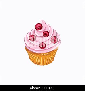 Cartoon style cupcake vanille rose avec la crème fouettée et de cerises icône vecteur isolé sur fond blanc Illustration de Vecteur