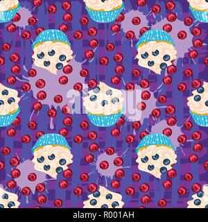 Cupcake avec des fruits rouges et de myrtilles sur le fond violet vector modèle homogène. Dessert sucré pour emballage ou le textile. Illustration de Vecteur