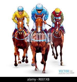 Les courses de chevaux. Hippodrome. Hippodrome. Trio jockeys sur les chevaux. Isolé sur fond blanc. La vue de l'avant. Vector illustration. Illustration de Vecteur