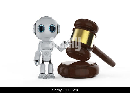 Cyber law avec rendu 3D mini robot avec juge gavel Banque D'Images