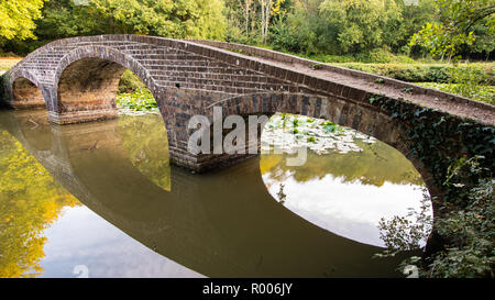 Un pont de pierre sur un étang, Leigh Park Gardens, Hampshire Banque D'Images