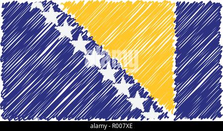 Drapeau national à la main de la Bosnie-Herzégovine isolé sur un fond blanc. Vector Illustration Style de croquis. Illustration de Vecteur
