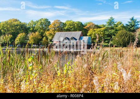 Le café et restaurant au bord du lac entouré de couleurs automnales, Rhayader Powys Pays de Galles au Royaume-Uni. Octobre 2018. Banque D'Images