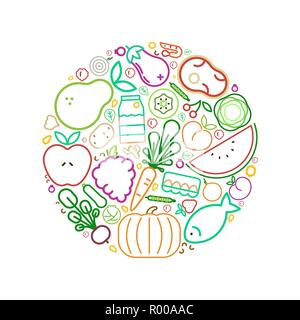 Icônes alimentaire illustration cercle de saine alimentation ou alimentation équilibrée concept. Comprend des fruits, légumes, viandes et produits laitiers. Illustration de Vecteur