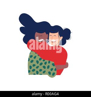 Deux femme friends hugging et smiling together in noël des vêtements d'hiver. Diversité des femmes heureux ami illustration sur fond isolé. Illustration de Vecteur