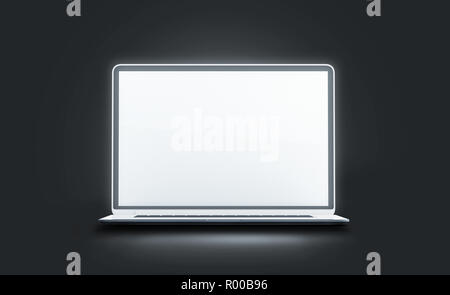 Ordinateur portable écran lumineux blanc vierge immersive, isolé dans l'obscurité, rendu 3d. Affichage de l'ordinateur rougeoyant vide des maquettes. Lap top ouvert moderne clair. Moniteur LCD numérique modèle. Banque D'Images