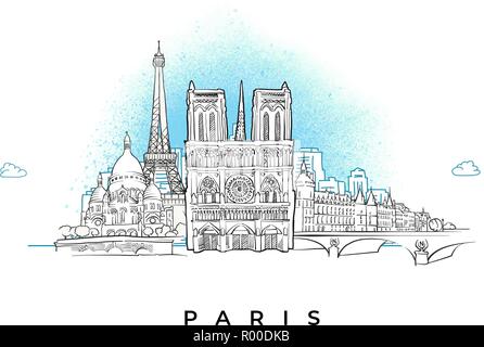 Sur les toits de la ville de Paris, France. Hand drawn vector illustration. Illustration de Vecteur