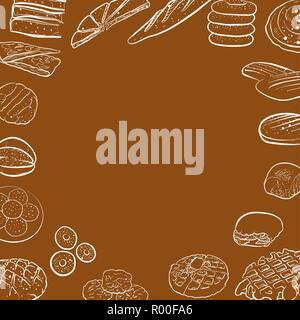 Pain dessinés à la main, icônes, l'arrière-plan du menu. Vector illustration alimentaire. Illustration de Vecteur