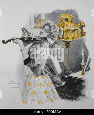 L'amélioration de la reproduction numérique, duett, musique, femme joue du violon, l'homme joue du piano, de l'estampe originale à partir de l'année 1899 Banque D'Images