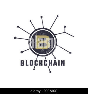 Blockchain concept emblème. Logo actifs numériques. Han vintage design monochrome dessiné. Badge de la technologie. Stock illustration isolé sur fond blanc Banque D'Images