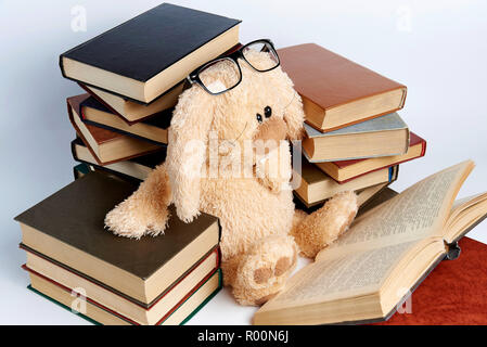 Un lapin en peluche dans les verres se trouve dans les piles de livres et de lire un livre. Banque D'Images