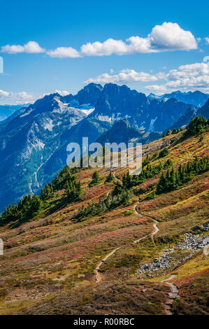 Vue vers le bras de Stehekin Sahale Trail, Cascade, col North Cascades National Park, Washington. Banque D'Images