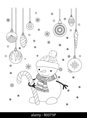 Coloriages de Noël pour les enfants et les adultes. Cute snowman avec écharpe et chapeau tricoté. Hand drawn vector illustration. Illustration de Vecteur