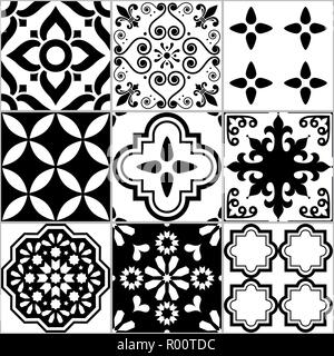 Tile seamless vector pattern Azlejos, espagnol ou portugais en mosaïque noir et blanc, motifs floraux et résumé Illustration de Vecteur