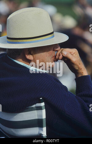 Un homme âgé portant un chapeau de Panama en regardant un match de cricket, Hastings, East Sussex, England, UK Banque D'Images