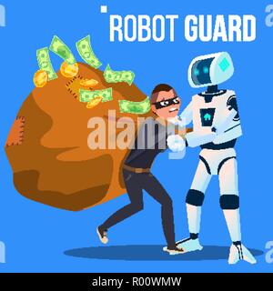 Garde Robot pris le voleur en masque avec sa main vecteur. Illustration isolé Illustration de Vecteur