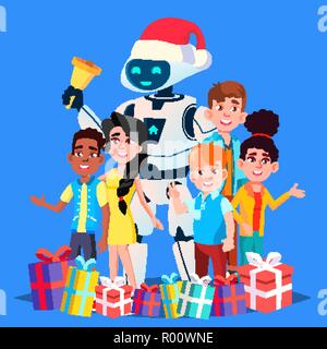 Robot dans Santa Claus Hat et cadeaux avec les enfants la cloche sonne vecteur. Illustration isolé Illustration de Vecteur