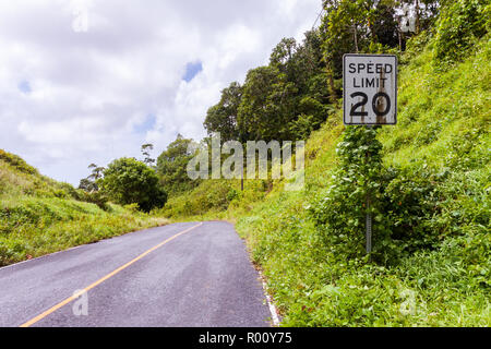 USA American style blanc Vitesse Limite 20 mph road sign avec la saleté de pluie rouille taches de végétation dans la jungle de l'île de Pohnpei, Micronésie, l'Océanie. Banque D'Images