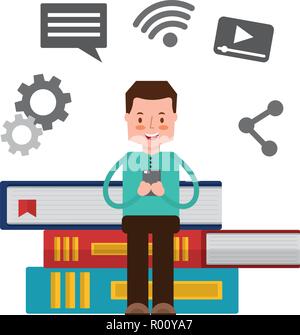 Man with mobile assis sur les livres sur les médias sociaux Illustration de Vecteur