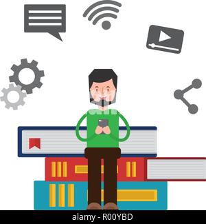 Man with mobile assis sur les livres sur les médias sociaux Illustration de Vecteur