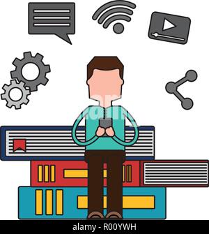 Man with mobile assis sur les livres sur les médias sociaux Illustration de Vecteur