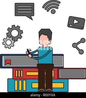 Man with mobile assis sur les livres sur les médias sociaux Illustration de Vecteur
