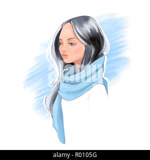 Belle fille de foulard. Illustration numérique, isolated on white Banque D'Images