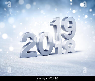 Nouvelle Année 2019 date d'argent au-dessus de 2018, sur un fond de neige en hiver - 3D illustration Banque D'Images