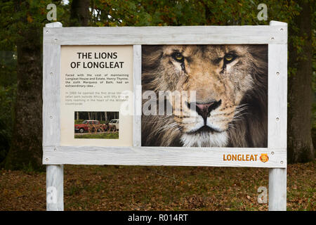 Lion des panneaux d'information pour les visiteurs et les passagers et conducteurs de voiture suivant la route du Parc Safari au Parc Safari de Longleat. Longleat, Wiltshire, Royaume-Uni (103) Banque D'Images