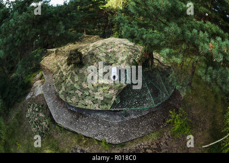 La retraite polonaise des armes à feu en vertu de camouflage d'été côtières. Musée de la défense côtière à Hel, Pologne. Banque D'Images