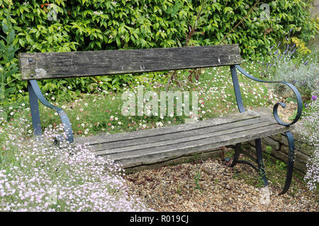 Parc en bois traditionnel siège sur un cadre métallique dans un coin ombragé entouré de plantes et un petit mur de brique Banque D'Images