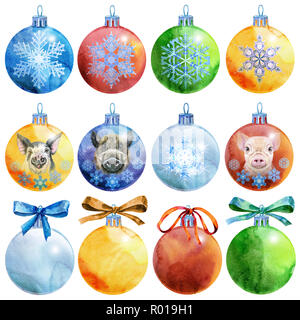 Ensemble d'Aquarelle Christmas Tree ball avec l'image du porc et des flocons de neige. Carte pour votre créativité Banque D'Images