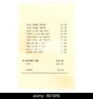 Réception supermarché britannique bill avec des prix en livres sterling (GBP) Banque D'Images