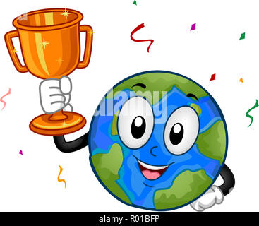 Illustration d'une mascotte de la Terre tenant un trophée d'or de confettis tombant Banque D'Images