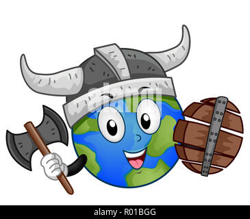 Illustration d'une mascotte de la terre portant un costume Viking hache et Bouclier en bois Holding Banque D'Images