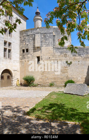 La fortification et de la tour de Constance d'Aigues Mortes et un arbre en fleur albizia, murs de la ville française, située dans le département du Gard en France Banque D'Images