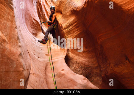 Femme de l'escalade dans le canyon à l'extérieur de l'emplacement de Huntress Zion National Park, Utah, USA Banque D'Images