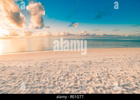 Libre de sable sur la plage et le bleu ciel d'été. Scieries, sable blanc, nuages sur ciel bleu. Fond de plage idyllique Banque D'Images